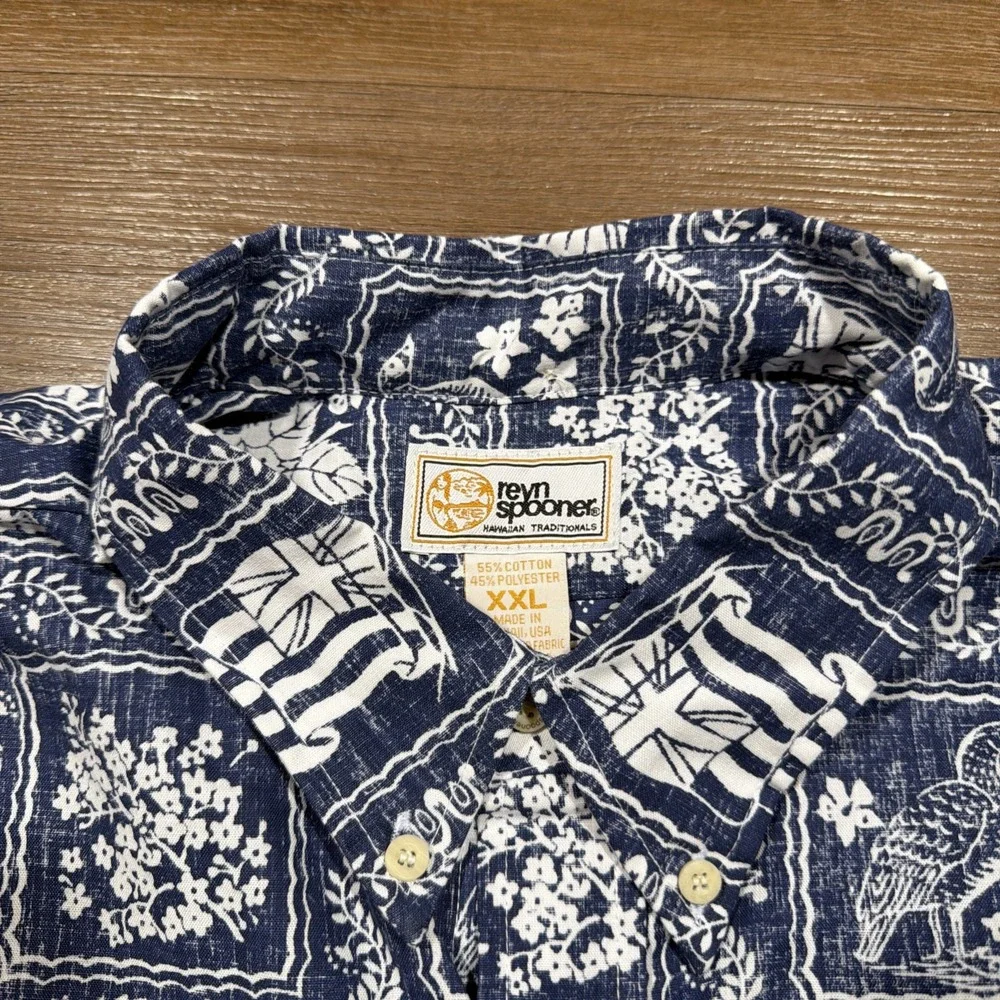 REYN SPOONER Shirt HAWAIIAN Size 2XL Cotton Polyester LAHAINA Denim Blue NWT